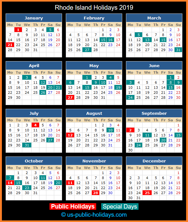 Rhode Island Holiday Calendar 2019